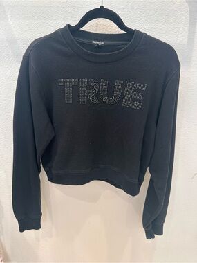 True Religion Black Crystal-Studded 'TRUE' Cropped Sweatshirt
